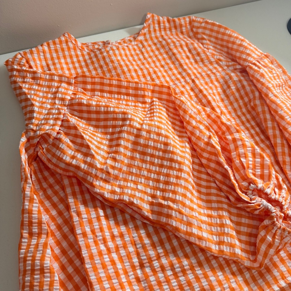 Orange Gingham Plaid Balloon Sleeve Blouse XL Seersucker Textured Top